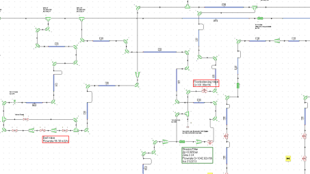 Schematic of a large fluid distribution system model with thousands of interconnected components, valves and closed loops
