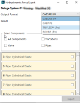 Simcenter Hydrodynamic Force Expert export interface dialog listing pipe components